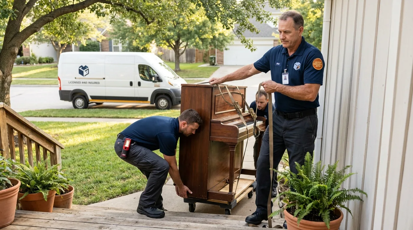Licensed piano movers securing grand piano in East Greenbush, NY