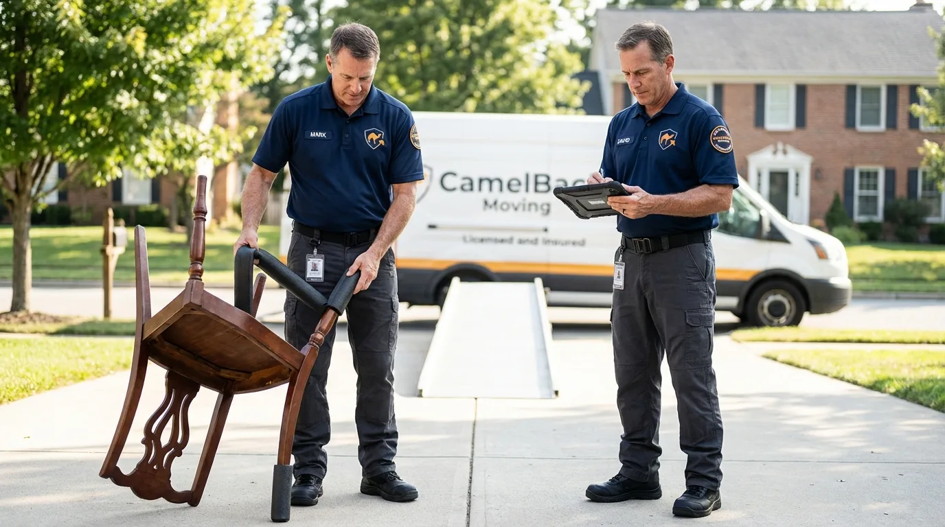 Movers inspecting furniture for damage prevention before loading in East Greenbush, NY