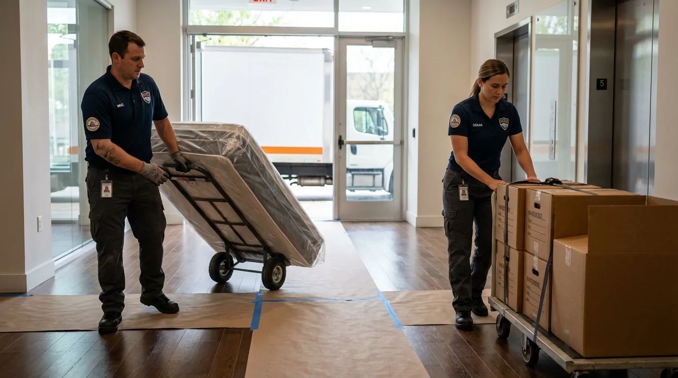 Professional apartment movers loading elevator in East Greenbush, NY