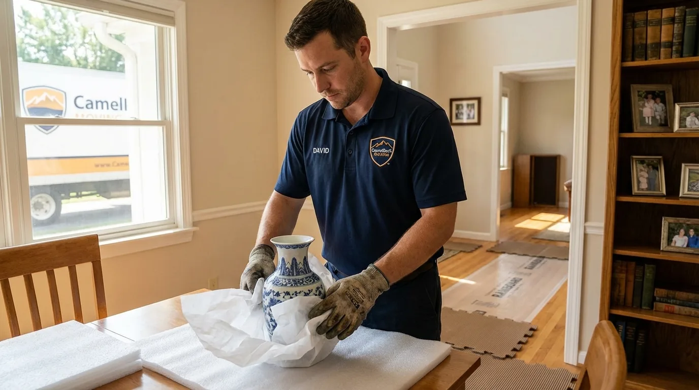 Professional crew carefully wrapping antique vase for senior downsizing move in East Greenbush, NY